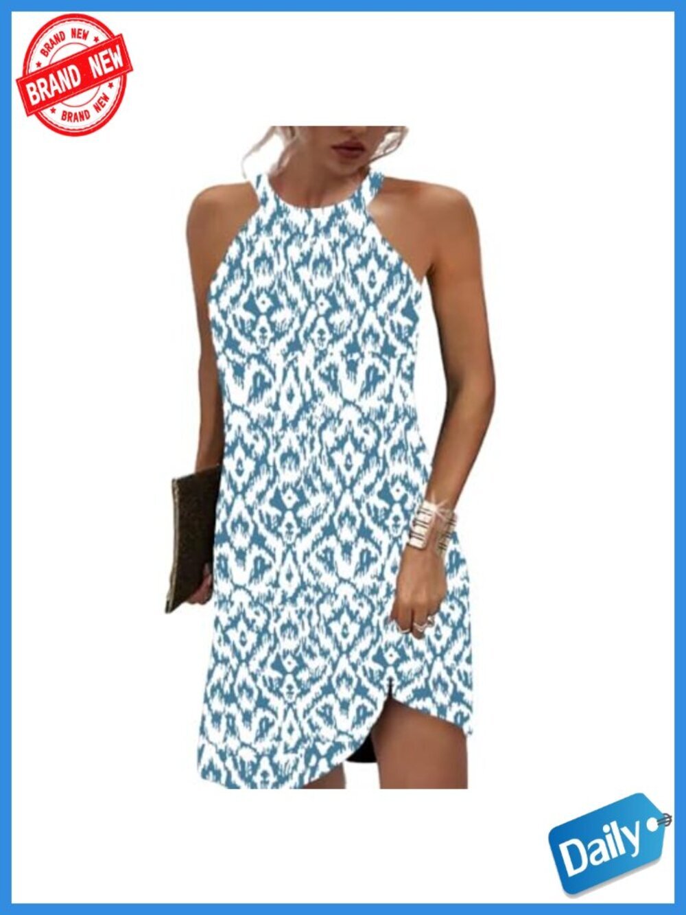 Women Sleeveless Floral Print Halter Neck Summer Dress A-Line